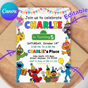 Plantilla de Canva de invitación de cumpleaños editable e imprimible para niños y niñas. Invitación de cumpleaños para niños. Invitación de Elmo. Invitación de Barrio Sésamo.