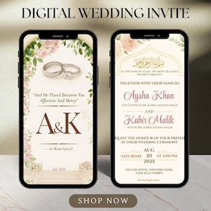 Digitale moslimhuwelijksuitnodiging: statisch en video-optie | Islamitische receptie, bloemen, digitale trouwkaart, goud, roze, groen, Evite