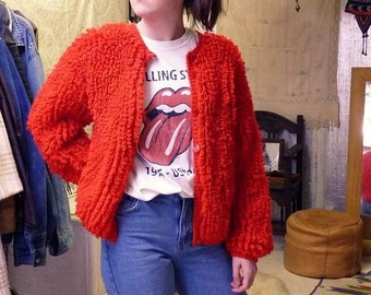 70s vintage red loop knit cardigan