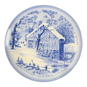 Vintage Currier & Ives The Old Homestead in Winter Decorative Plate Blue White
