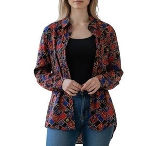 Vintage Pendleton Button Up Blouse Womens 16 Red Blue Crest Chain Link Print image 10