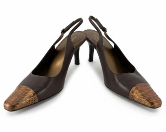 Liz Claiborne Slingback Heels 7.5 Brown Snakeskin Toe Pointed Flex Tipper Y2K