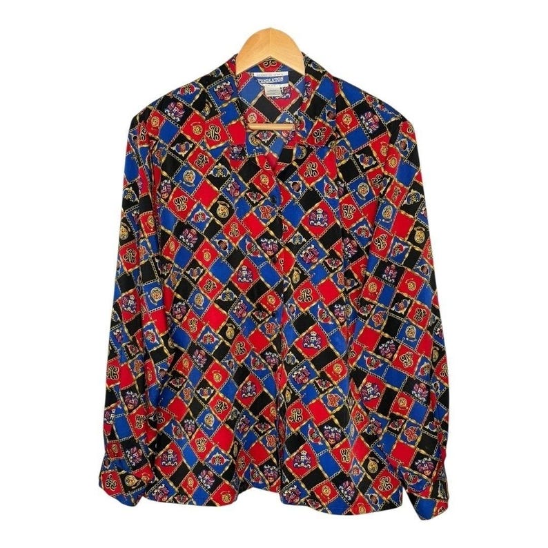 Vintage Pendleton Button Up Blouse Womens 16 Red Blue Crest Chain Link Print image 2