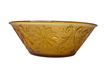 Vintage Indiana Glass Amber Sandwich Glass Floral Salad Bowl Serving Dish 8.5"