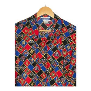 Vintage Pendleton Button Up Blouse Womens 16 Red Blue Crest Chain Link Print image 3