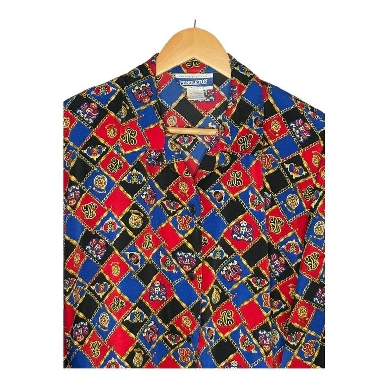 Vintage Pendleton Button Up Blouse Womens 16 Red Blue Crest Chain Link Print image 3