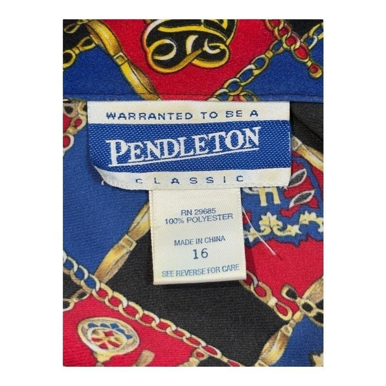 Vintage Pendleton Button Up Blouse Womens 16 Red Blue Crest Chain Link Print image 7