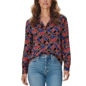 Vintage Pendleton Button Up Blouse Womens 16 Red Blue Crest Chain Link Print image 1