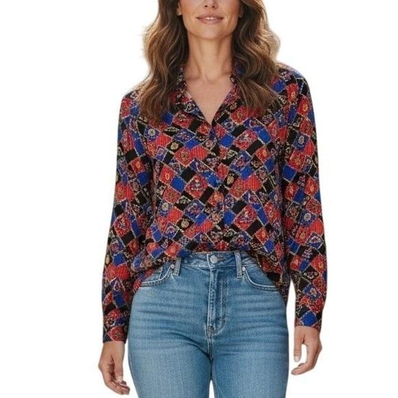 Vintage Pendleton Button Up Blouse Womens 16 Red Blue Crest Chain Link Print image 1