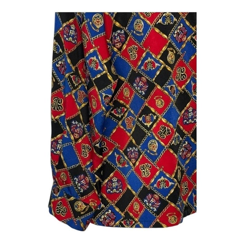 Vintage Pendleton Button Up Blouse Womens 16 Red Blue Crest Chain Link Print image 4
