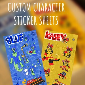 May include: Custom character sticker sheets featuring cartoon cat characters. One sheet is blue with blue and green cats, the word "BLUE", and a train. The other sheet is yellow with red and yellow cats, the word "KASEY", and a train.