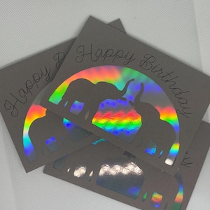 Carte d'anniversaire éléphant - Carte grise de 3,5 x 4,9 pouces avec insert holographique - Joli design minimaliste - Cachet de cire en option et enveloppe personnalisée