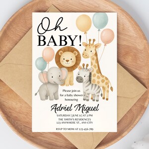Editable Safari Baby Shower Invite, Jungle Baby Shower Invitation, Safari Animals Baby Shower Invite, Digital Download