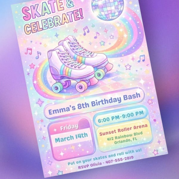 Roller Skate Birthday Invitation • Disco Rainbow Kids Party Invite (Digital Download)