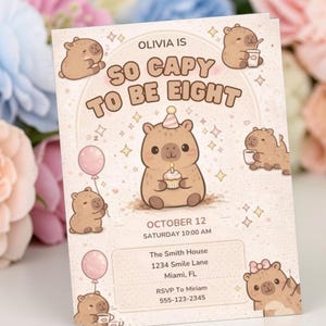 Capybara Birthday Invitation, Pink Kawaii Animal Party Invite (Digital Download) image 3
