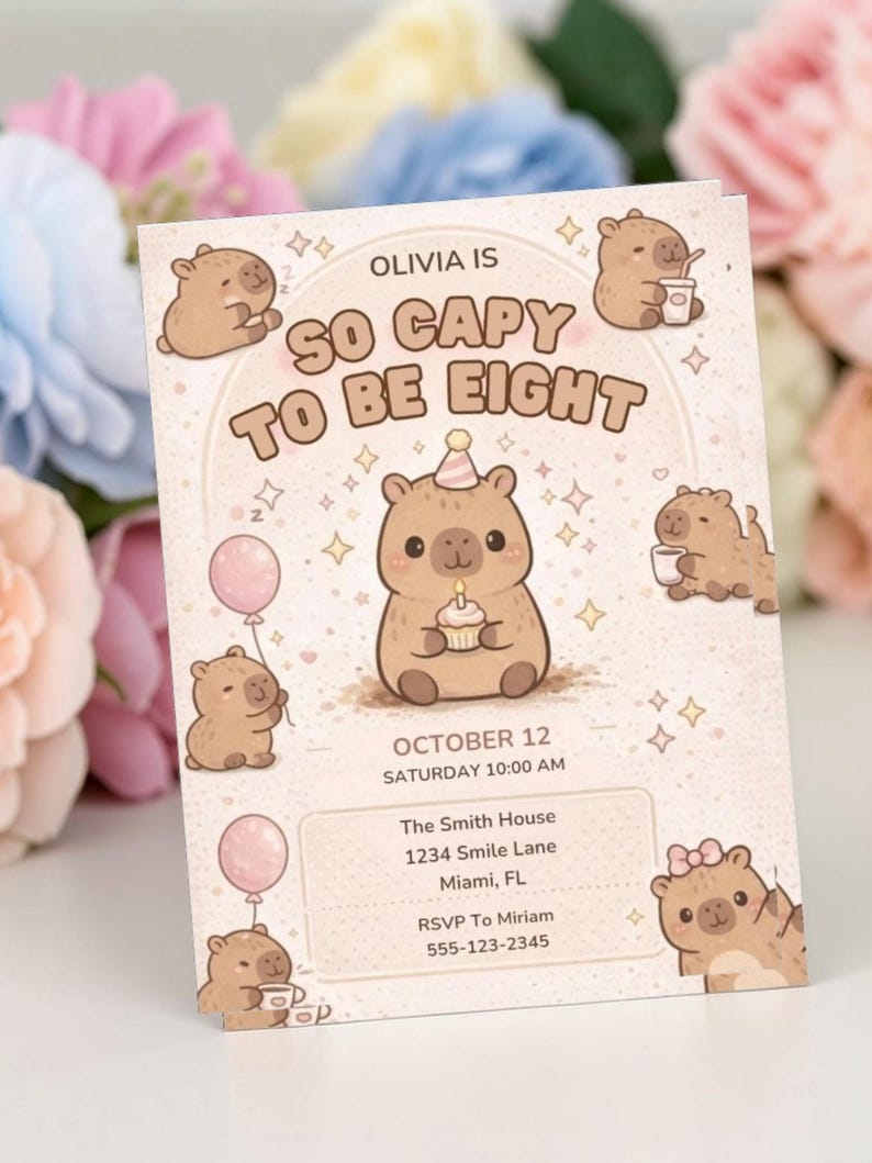 Capybara Birthday Invitation, Pink Kawaii Animal Party Invite (Digital Download) image 3
