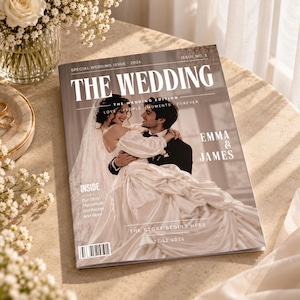 May include: A custom magazine cover titled THE WEDDING, featuring a photograph of a couple in formal attire. The text includes SPECIAL WEDDING ISSUE - 2026, ISSUE NO. 1, THE WEDDING EDITION, EMMA & JAMES, and the date 27.11.2026 with a barcode at the bottom.
