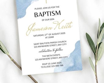 Invitación de bautizo para niño – Plantilla imprimible con cruz en acuarela azul