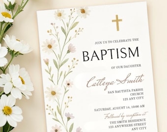 Plantilla de invitación para bautizo con flores silvestres: Editable, 5x7 (Descarga digital)