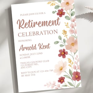 Convite floral editável para aposentadoria, convite para festa de aposentadoria, convite para aposentadoria, download instantâneo