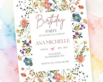 Floral Birthday Invitation, Garden Party Invite, Spring Celebration Template (Editable)