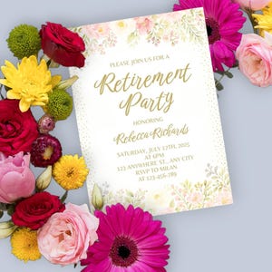 Invitación elegante para fiesta de jubilación con tipografía dorada – Diseño floral para ella
