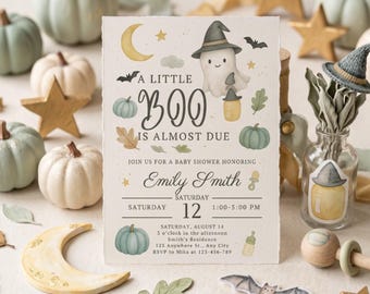 Halloween Baby Shower Invitation • Editable Canva • Ghost + Pumpkins • Fall Theme