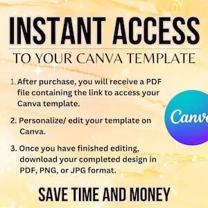 Puede incluir: Gr&aacute;fico digital con el texto "ACCESO INSTANT&Aacute;NEO A TU PLANTILLA CANVA". Las instrucciones se enumeran debajo del t&iacute;tulo. Un logotipo de Canva azul y morado est&aacute; a la derecha. Las palabras "AHORRA TIEMPO Y DINERO" est&aacute;n en la parte inferior.