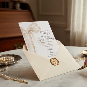 Invitación elegante para bautizo con cruz de perlas – Plantilla para ceremonia religiosa con lazo color marfil imagen 6
