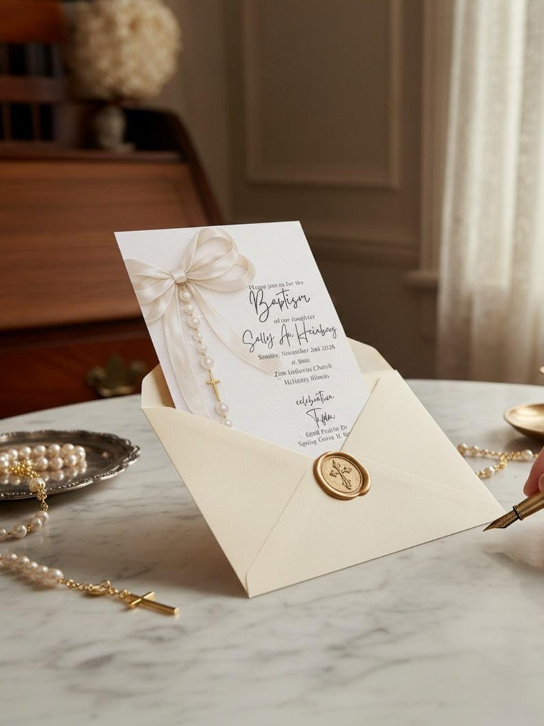 Invitación elegante para bautizo con cruz de perlas – Plantilla para ceremonia religiosa con lazo color marfil imagen 6