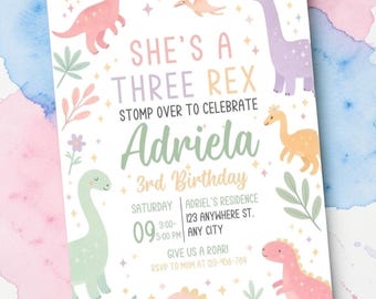 Invitación para el tercer cumpleaños de una niña dinosaurio, fiesta de los tres Rex (descarga digital)
