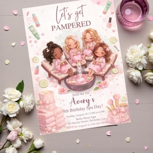 May include: A spa day invitation with the text "Let's get PAMPERED" and "Avery's 8th Birthday Spa Day!" features illustrations of girls in pink robes, spa items, and a pink candle cake. White flowers and pink petals surround the invitation.