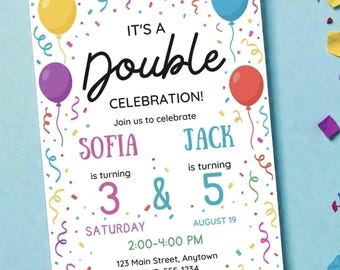 Op de afbeelding: Een rechthoekige uitnodigingskaart met een witte achtergrond, versierd met kleurrijke confetti en ballonnen. De tekst luidt: IT'S A Double CELEBRATION! Join us to celebrate SOFIA JACK is turning 3 & 5 SATURDAY AUGUST 19 2:00-4:00 PM 123 Main Street, Anytown RSVP: 555-1234.
