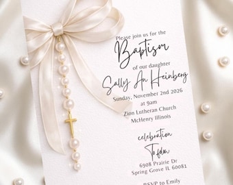 May include: A white baptism invitation card featuring a cream-colored satin ribbon bow and a dangling string of faux pearls with a small gold cross. The text reads: Please join us for the Baptism of our daughter Sally An Heinberg, Sunday, November 2nd 2026 at 9am, Zion Lutheran Church, McHenry Illinois, celebration to follow, 6908 Prairie Dr, Spring Grove IL 60081, RSVP to Emily 815-307-5985.