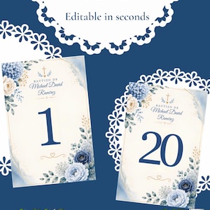 May include: Two rectangular dinner place cards numbered 1 and 20, featuring blue and white floral illustrations, a gold cross icon, and the text Bautizo de Michael David Ramirez. The cards are set against a dark blue background with white lace accents.