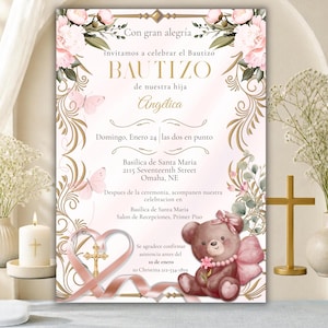 May include: A baptism invitation card featuring pink floral accents, gold filigree borders, and butterflies. The text reads: Con gran alegría invitamos a celebrar el Bautizo de nuestra hija Angélica, Domingo, Enero 24, Basilica de Santa Maria, 2115 Seventeenth Street, Omaha, NE, and includes a brown teddy bear illustration with a pink bow and a gold cross.