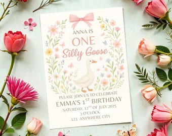 Invitación de primer cumpleaños de Silly Goose, estilo cottagecore floral, plantilla editable de Canva (descarga digital)