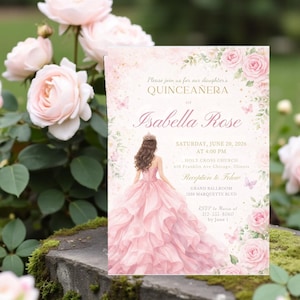 Pink Floral Quinceañera Invitation Template Editable in Canva | Princess 15th Birthday Invite | Elegant Sweet 15 Digital Download