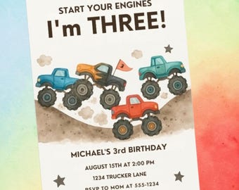 Faire-part d'anniversaire Monster Truck : invitation à une fête de course modifiable (téléchargement numérique
