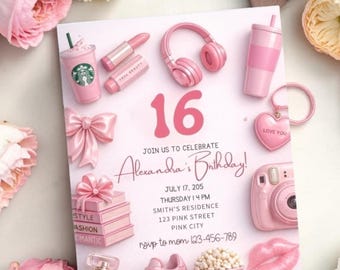 Invitación de quinceañera con estética rosa – Plantilla de cumpleaños para adolescentes a la moda