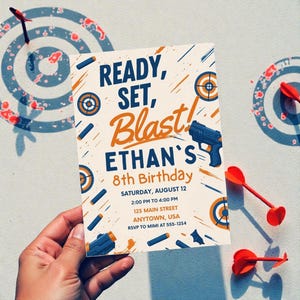 Nerf Birthday Invitation, Ready Set Blast Party Invite, Dart Gun Birthday Printable Template, Digital Download