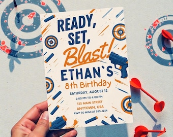 Nerf-Geburtstagseinladung, Einladung zur „Ready Set Blast“-Party, Dartpistolen-Geburtstagsvorlage zum Ausdrucken, Digitaler Download