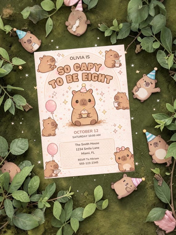 Capybara Birthday Invitation, Pink Kawaii Animal Party Invite (Digital Download)