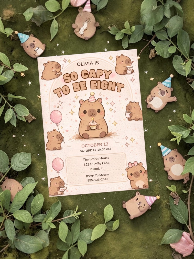 May include: A birthday invitation with the text "OLIVIA IS SO CAPY TO BE EIGHT" and details for a party on October 12th. The invitation features illustrations of cartoon capybaras with party hats and balloons, surrounded by greenery.