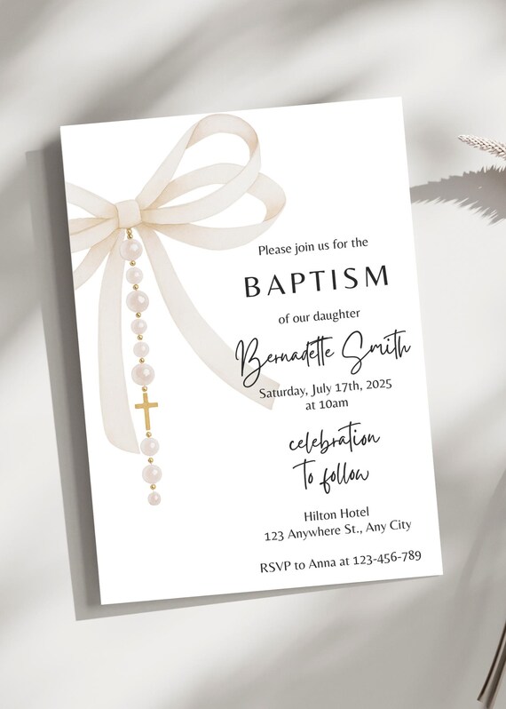 Editable Baptism Invitation, Coquette Baptism Invite, Simple Invitation Template, Digital Download