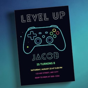 Video Game Birthday Invitation, Neon Controller, Level Up Party (Digital Download)