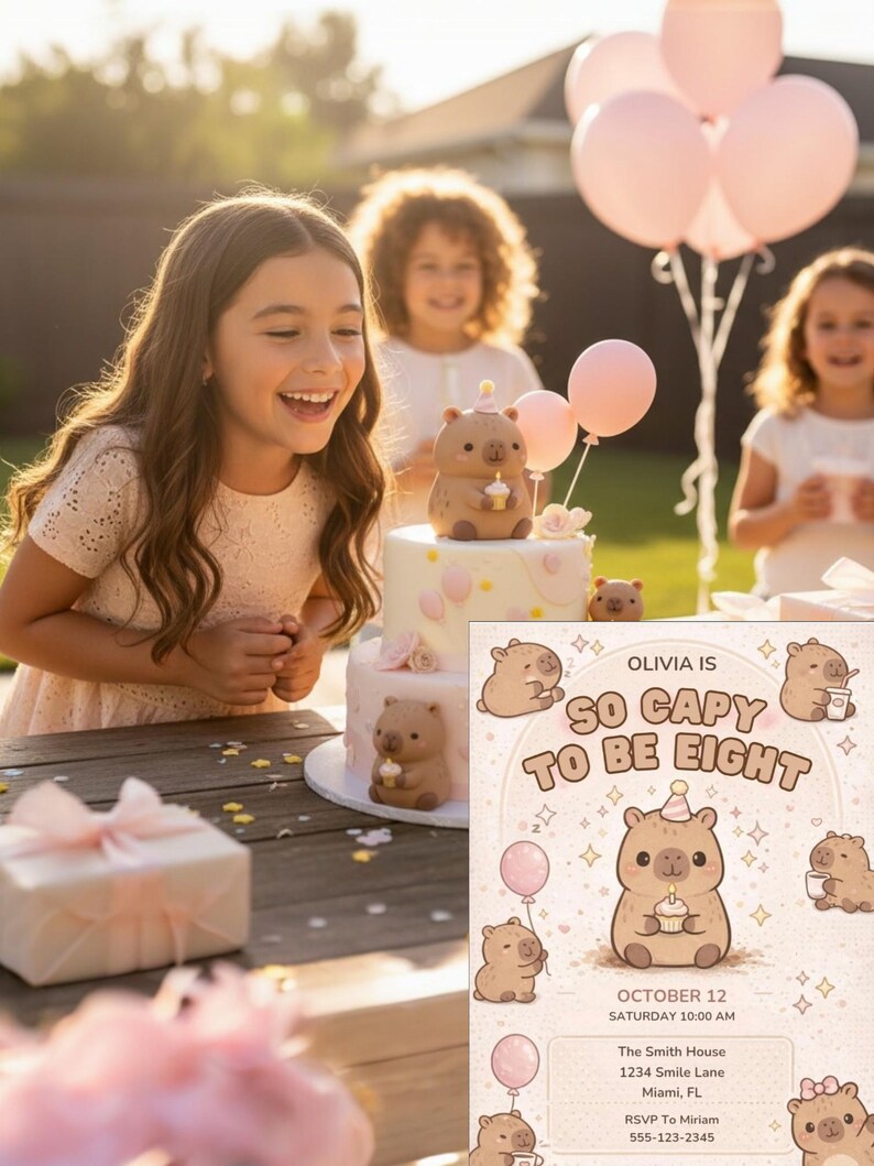 Capybara Birthday Invitation, Pink Kawaii Animal Party Invite (Digital Download) image 6