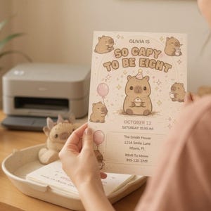 Capybara Birthday Invitation, Pink Kawaii Animal Party Invite (Digital Download) image 5