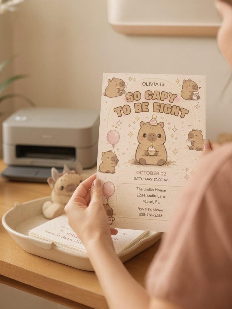 Capybara Birthday Invitation, Pink Kawaii Animal Party Invite (Digital Download) image 5