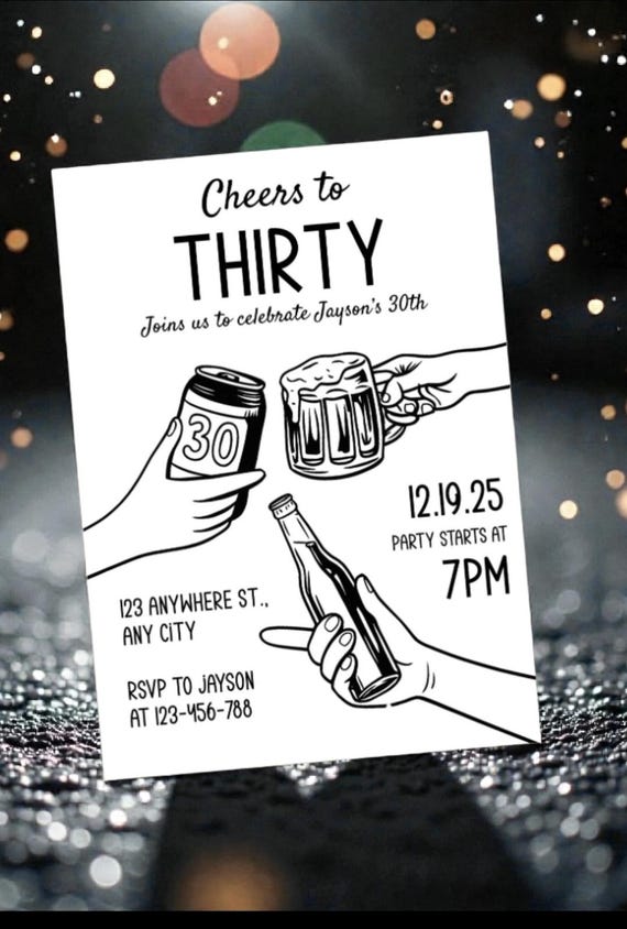 Cheers to Thirty Birthday Invitation – Editable 30th Party Invite with Beer & Drinks – Digital Download